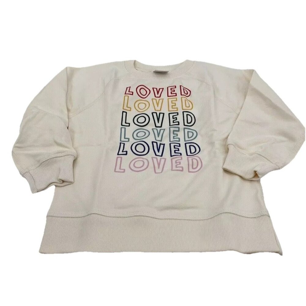 NEW Hanna Andersson Girls Size 4 100 Loved Graphic Sweatshirt French Terry Ecru